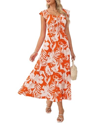 Summer Floral Maxi Dress for Women 2026 Flowy A-line Wedding Guest Dresses Ruffle Sleeve Smocked Sundress with Pocket White Orange M - Image 1