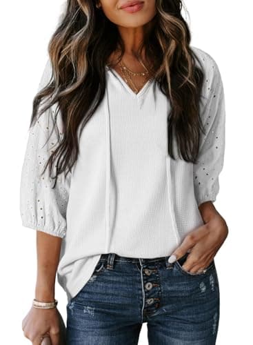 Dokotoo Summer Tops for Women 2026 Casual Tassel Tie V-Neck 3/4 Puff Sleeve Tops for Women Trendy Embroidered Hollow Out Sleeve Waffle Knit White Shirt Womens Resort Wear Summer Outfits X-Large - Image 1
