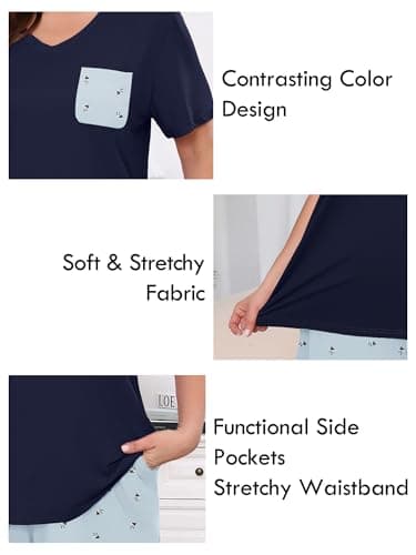 AusLook Plus Women Pajamas Set 2 Piece Lounge Sets Short Sleeve Top and Full Length Pant Chest Pocket Matching Maternity Christmas Print Lamb Print Light Blue 4X Pjs Loungewear Sleepwear - Thumbnail 4