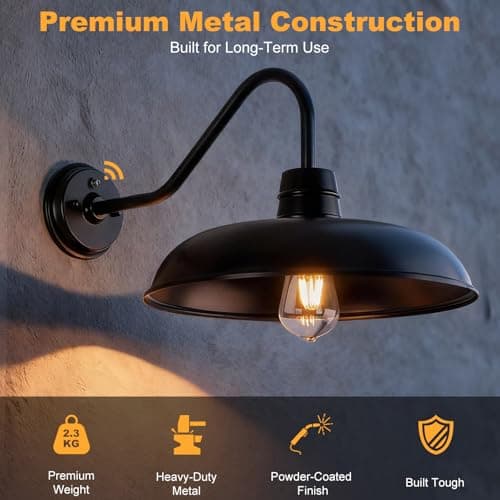 FILIYANO Large Dusk to Dawn Gooseneck Barn Light, 14 Inch 2-Pack Farmhouse Exterior Lighting Fixtures, Industrial Vintage Waterproof Stain Black Wall Mount Sconce for Cottage Garage Porch - Thumbnail 6