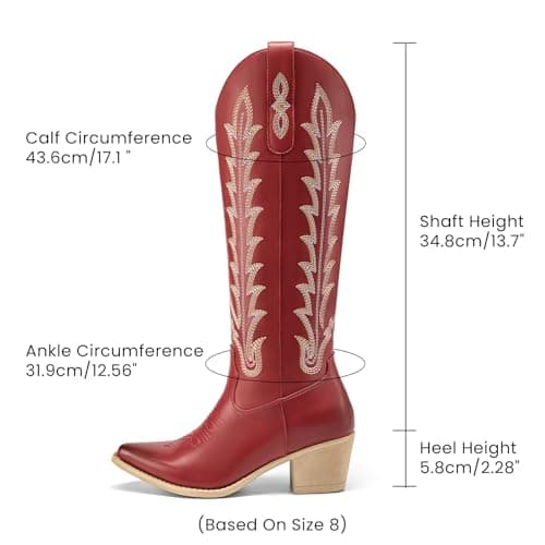 Athlefit Red Cowgirl Boots Women Cowboy Western Knee High Comfortable Slip On Low Chunky Heel Square Toe Retro Embroidered Party Concert Tall Boots Red Size 5.5 - Thumbnail 3