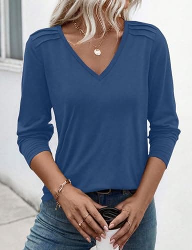 JUSTFASHIONNOW Pleated Long Sleeve Shirts for Women V Neck Dressy Casual Business Blouses Fall Tops 2025 Trendy(Blue,XX-Large) - Thumbnail 5