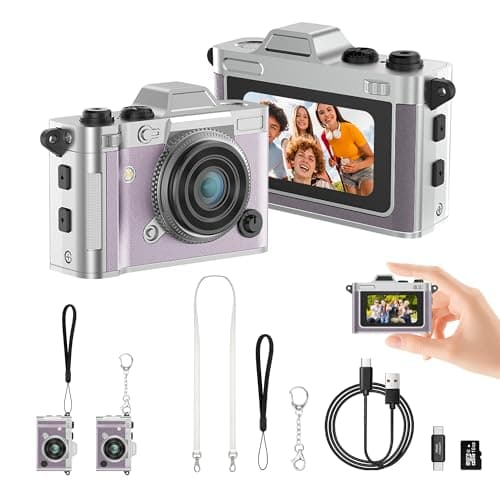 Dienspeak Portable Mini Digital Camera, Small Keychain Retro Camera for Kids Adults, Tiny Pocket Size 2K HD Video Recorder with 16GB Card, Cute Vintage Camcorder for Travel Camp Memories, Purple - Image 1