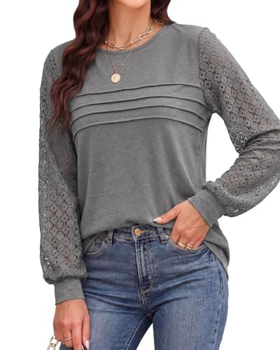 BTFBM Women's Long Sleeve Shirts Dressy Lace Fall Tops 2026 Trendy Business Casual T-Shirts Cute Work Outfits Blouses(Grey, Large) - Thumbnail 5