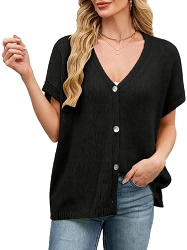SunnyMelody Womens Oversized Cardigan Sweaters for Women Fall Spring Summer 2026 Trendy Short Sleeve Light Weight Cozy Soft Sheer Knit V Neck Button Cap Sleeves Cardigans Black S - Image 1