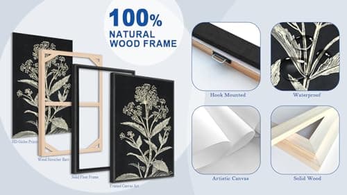 Large Framed Botanical Wall Art, Minimalist Floral Canvas Prints, Black and White Farmhouse Plant Artwork Flower Pictures for Living Room Bathroom Bedroom Office Décor 24"x36"x3Pcs - Thumbnail 5