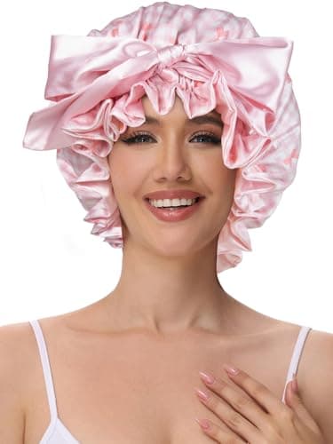 Vettres Cute Adjustable Silk Bonnet for Sleeping Double Layer Satin Cap Hair Sleep Bonnet for Curly Hair Pink White Bow - Thumbnail 3