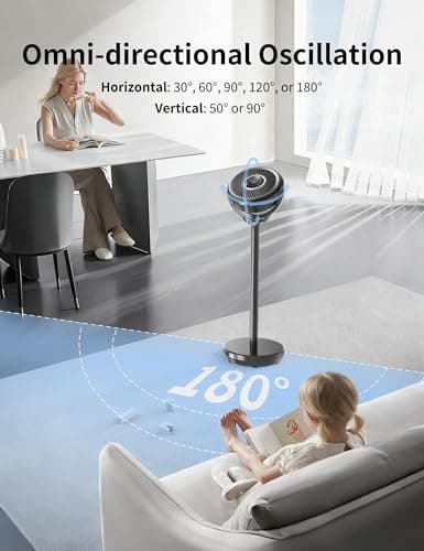 Standing Fan for Bedroom, Omnidirectional 180° Oscillating Quiet Pedestal Floor Fans, 25dB Ultra Quiet DC Cooling Fan Blows Cold Air with Remote, 15 Speed, 3 Modes, 12H Timer, 15-38" Height Adjustable - Thumbnail 6