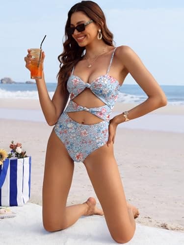 ANRABESS Women One Piece Swimsuits Tummy Control Bathing Suit Twist Cutout Adjustable Straps Swimwear Beach Vacation Clothes Light Blue Pink Floral Large - Thumbnail 6
