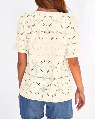 KIRUNDO Lace Tops for Women Blouses Dressy Casual Boho Eyelet Puff Short Sleeve Shirts Spring Summer Clothes Vacation Outfits(Beige, Small) - Thumbnail 4