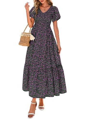 PRETTYGARDEN Boho Dresses for Women 2026 Summer Floral Short Sleeve V Neck Smocked Flowy Beach Vacation Maxi Dress (Black Purple Floral,Medium)
