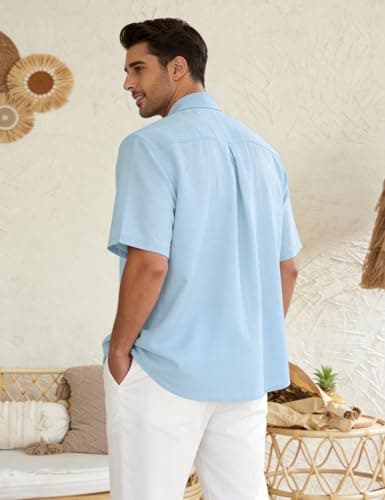 Eisctnd Men's Polo Shirts Short Sleeve Linen Blend Golf Collared T-Shirt for Summer Wedding Beach Vacation Business Casual(SkyBlue-XXL) - Thumbnail 4