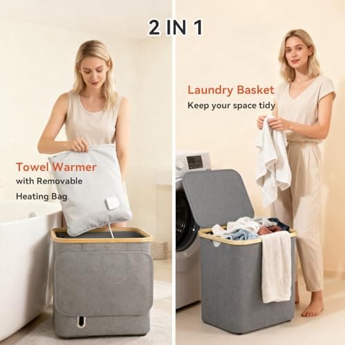 cocozywarm Towel Warmer & Laundry Basket 2-in-1, Foldable Towel Warmer for Bathroom with Removable Heating Bag, 20/40/60Mins Fast Heating, Auto Shut-Off, Fits 3 Large Towels Blankets, Ideal Xmas Gift - Thumbnail 2