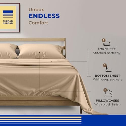 THREAD SPREAD 100% Egyptian Cotton Sheets King Size - 800 Series Euphoria Collection Egyptian Cotton King Size Bed Sheets Set (4 PC, Taupe), Soft, Cooling, 16" Deep Pocket Sateen Hotel Bedsheet - Thumbnail 3