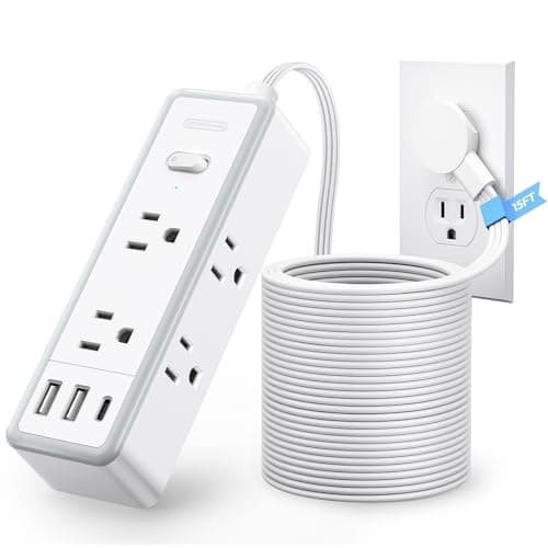 NTONPOWER Flat Plug Power Strip, 15 ft Extension Cord Surge Protector, 6 Widely AC Outlets with 3 USB Ports(1 USB C), Wall Mount, 3-Side Surge Protector Power Strip(1080J), Compact for Small Spaces