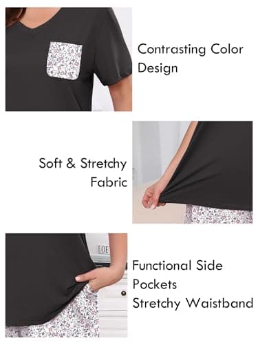 AusLook Plus Women Pajamas Set 2 Piece Lounge Sets Short Sleeve Top and Full Length Pant Chest Pocket Matching Maternity Christmas Print Ditsy Floral 5X Pjs Loungewear Sleepwear - Thumbnail 4
