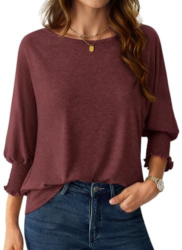 NORACORA Women's 3/4 Sleeve Tops Loose Fit Shirts Dressy Casual Crew Neck T Shirts for Women Basic Tees Shirt with Smocked Cuffs 2025 Fall Fashion Blouse Wine L - Image 1