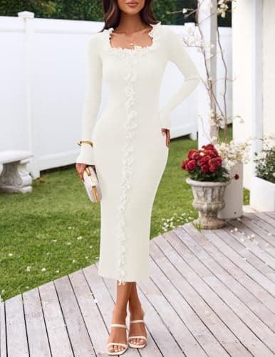 MEROKEETY Womens Spring Flower Bodycon Sweater Dress 2026 Fall Long Sleeve Square Neck Ruffle Ribbed Knit Midi Dresses, White, Large - Thumbnail 2
