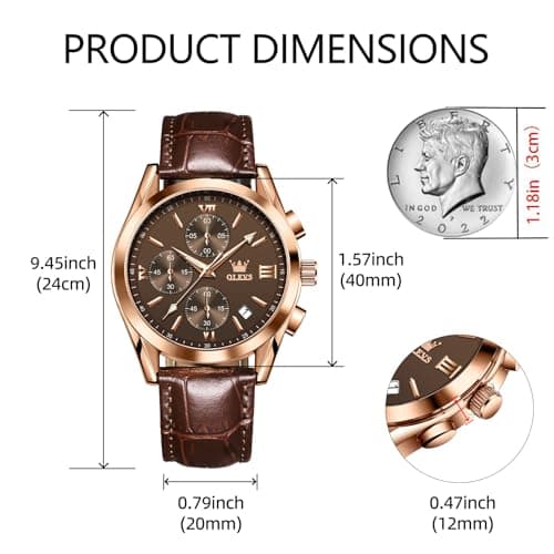 OLEVS Brown Leather Watch Chronograph Dress Water Resistant Classic Mens Watch with Leather Band Casual Analog Young Men's Wrist Watches Relojes para Hombres - Thumbnail 4
