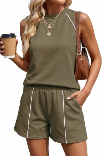 GTMRINJN 2 Piece Sets for Women Summer Sleeveless Short Sets 2 Piece Workout Outfits Activewear Gym Outfits for Women Walking Jogging with Pockets Army Green M - Image 1
