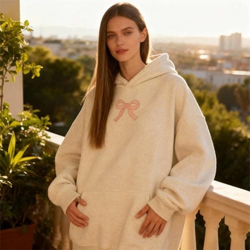 jnospne Women Hoodies Oversized Fleece Cotton Comfy Casual Pink Bow Pullover Sweatshirts 2026 Spring Outfits Y2K Clothes - Thumbnail 2
