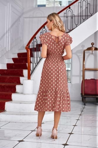GRACE KARIN 2026 Womens Summer Dresses V Neck Ruffle Sleeve Floral Boho Beach A-Line Dress Light Brick Red-Gold Dots Small - Thumbnail 4