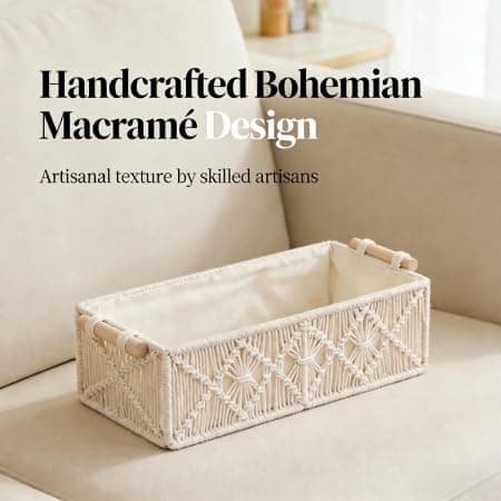 Handcrafted Bohemian Macramé Storage Basket, 13.4"(34cm) L×6.7"(17cm) W×3.9"(10cm) H, Cotton & Solid Wood Handles for Home Organizing, Toiletries, Accessories, Bohemian/Minimalist Decor - Thumbnail 4