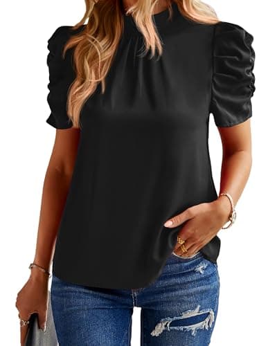 BTFBM Womens Tops 2026 Dressy Casual Blouses Summer Spring Clothes Mock Neck Short Sleeve Shirts Business Work Fall Outfits(Solid Black, Small) - Image 1
