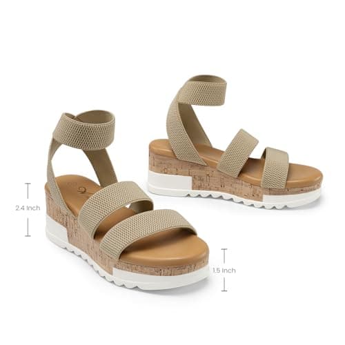 Athlefit Platform Sandals Women Open Toe Elastic Ankle Strap Summer Flatform Wedge Sandals for Beach Vacation Khaki Size 7.5 - Thumbnail 6