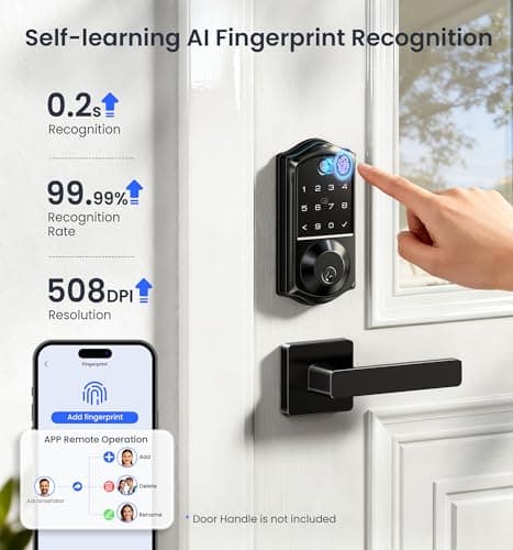 Veise VE017G Wi-Fi Keyless Entry Door Lock, App Remote & Voice Control, Fingerprint Smart Locks for Front Door, Touchscreen Electronic Keypad Deadbolt, Auto Lock, Emergency Power Port, Matte Black - Thumbnail 5