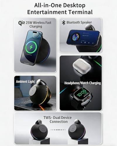 Screenovate Magnetic Wireless Charging Station with Speaker, 25W Fast Charging, Hi-Fi Sound with Dual Drivers & Subwoofer, Bluetooth 5.3, TWS True Wireless Stereo, Gradient Ambient Light (White) - Thumbnail 2