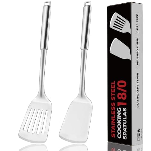 MUJINON 14.5-in Stainless Steel Spatula Set, 18/0 SS Heavy Duty Turner & Slotted Spatula for Kitchen Use, Cast Iron Grilling Frying, Pack of 2 - Image 1