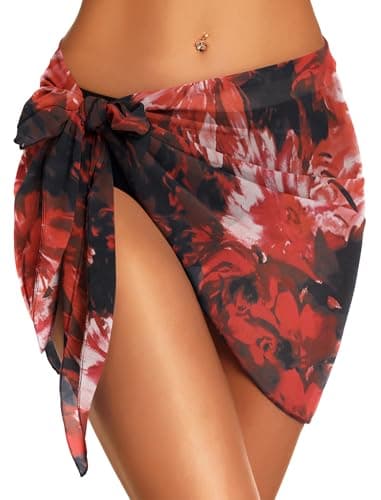 Swimsuit Coverups for Women Sarong Beach Bikini Wrap Sheer Short Skirt Chiffon Scarf for Swimwear (Deep Red Flowers,XL) - Thumbnail 2
