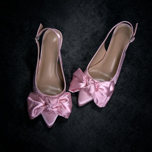 RUSAUISE Pink Heels with Bow Pointed Toe Slingback Pumps Kitten Heels Sexy Dress Formal Shoes for Prom Causal Party Cocktail Satin Light Pink Size 10 - Thumbnail 6