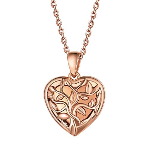 Bestyle Rose Gold Heart Tree of Life Locket Necklace for Women, Small Cute Sterling Silver Heart Locket Choker Necklace Fashion Locket Jewelry, Silver Rose Gold Chain 18"+2 - Image 1