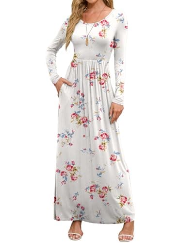 DEARCASE Maxi Dress for Women Flower White XX-Large Round Neck Boho Long Sleeves Teacher A-line Casual Hawaiian Empire Waist Flowy Party Vintage Spring Fall Winter Floor Dresses with Pocket - Image 1