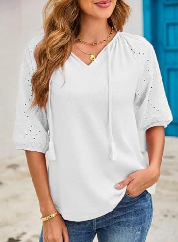 Dokotoo Summer Tops for Women 2026 Casual Tassel Tie V-Neck 3/4 Puff Sleeve Tops for Women Trendy Embroidered Hollow Out Sleeve Waffle Knit White Shirt Womens Resort Wear Summer Outfits X-Large - Thumbnail 5
