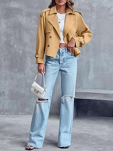 Saodimallsu Women Crop Double Breasted Trench Coat Raglan Sleeve Work Office Cropped Jacket With Pockets - Thumbnail 4