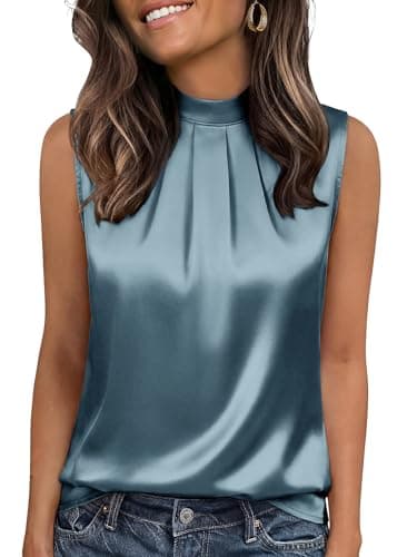 Funlingo Womens Tank Tops Silk Satin Sleeveless Camisole Dressy Casual Blouses Mock Neck Basic Shirts Beach Vacation Clothes Grey Blue M - Image 1