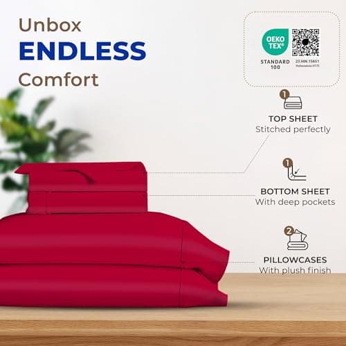 THREAD SPREAD 100% Egyptian Cotton Sheets Full Size - 600 Thread Count Sheets 4 PC 16" Deep Pocket Full Size Sheets Set, High Thread Count Soft Cooling Sateen Weave Hotel Luxury Sheets Set - Red - Thumbnail 3
