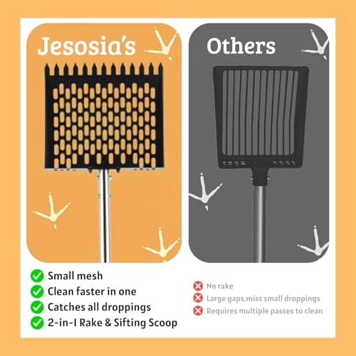 Jesosia Metal Chicken Poop Scooper & Rake 2-in-1 Stainless Steel Shovel Head & Adjustable Handle with Ergonomic Grip Durable Sand Sifting Litter Shovel for Chicken Coops & Small Farm Animals - Thumbnail 6