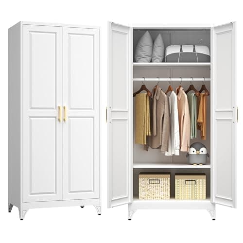 Kubohogar Metal Armoire Wardrobe Closet with 2 Doors, 71" Tall Wardrobe Closet with Doors, Hanging Rod, Drawers and Adjustable Shelves, White Clothing Storage Cabinets for Bedroom, Home Office - Image 1