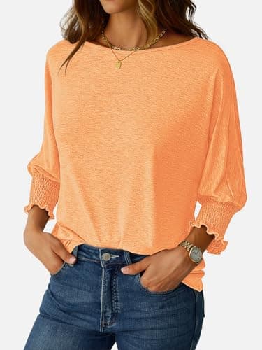 NORACORA Blouses for Women Dressy Casual 3/4 Length Sleeve Womens Tops with Smocked Cuffs Spring Summer Casual Shirts Grapefruit Orange T-481255-XS - Thumbnail 3