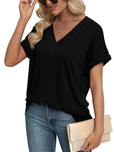 EXLURA Womens Summer Tops V Neck Outfits Clothes Short Dolman Sleeve Blouses 2025 Fashion Shirts Black - Thumbnail 4