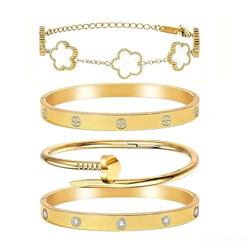 Womens Stackable Floral Gold Bracelets - 4Pcs 18K Gold Plated Bracelet,Stainless Steel Bangle Bracelets Non Tarnish,Gold Bracelet Set Fashion Jewelry,Valentines Birthday Christmas Jewelry Gifts - Image 1