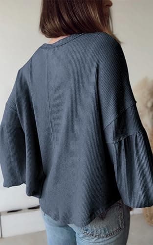 BTFBM Womens Fall Fashion 2026 Long Sleeve Shirts Casual V Neck Ribbed Knit Blouses Pullover Trendy Loose Fit Tunic Tops(Solid Light Grey Blue, Small) - Thumbnail 3
