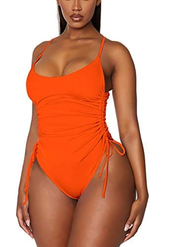 Viottiset Women's Ruched Plus Size One Piece Swimsuit Tummy Control High Cut Cheeky Bathing Suit Orange 3XL - Image 1