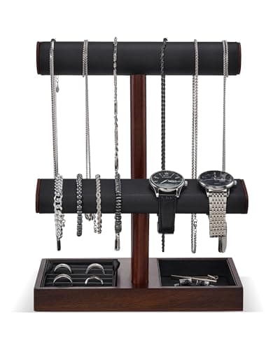 ProCase Watch Holder Stand for Men, Gift for Him Dad Father Boyfriend, Wood Jewelry Display Rack, Necklace Hanger Organizer for Chains Bracelets Rings -Brown - Image 1