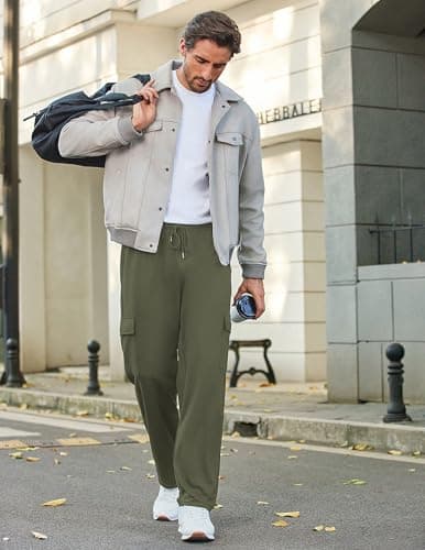 Deyeek Mens Lightweight Cargo Sweatpants with Pockets Straight Leg Cotton Sweatpants for Men Gym Workout Cargo Sweat Pants Olive Green - Thumbnail 6