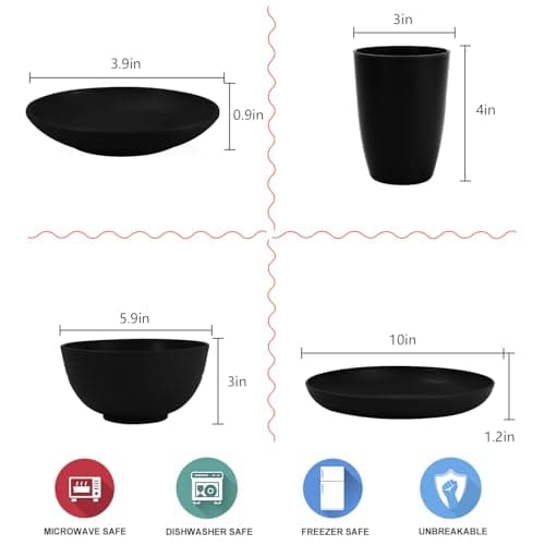 Wrova Wheat straw dinnerware set of 28 - Bowls and Plates Set for Dorm - Microwave and Dishwasher safe dish sets for kitchen,camping,indoors and out doors.Black - Thumbnail 2